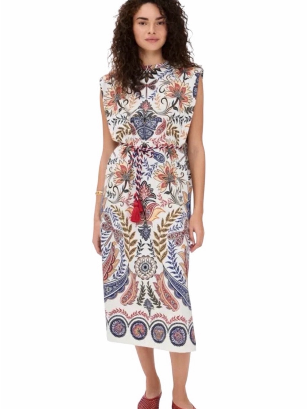Farm Rio Bojo Glam White Floral Print Midi Dress with Tassel Tie
